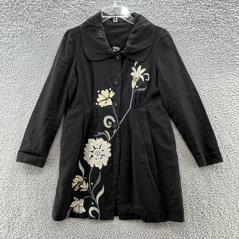 CoVelo Clothing Jacket Womens 4 Black Linen Floral Applique Art to Wear Lined